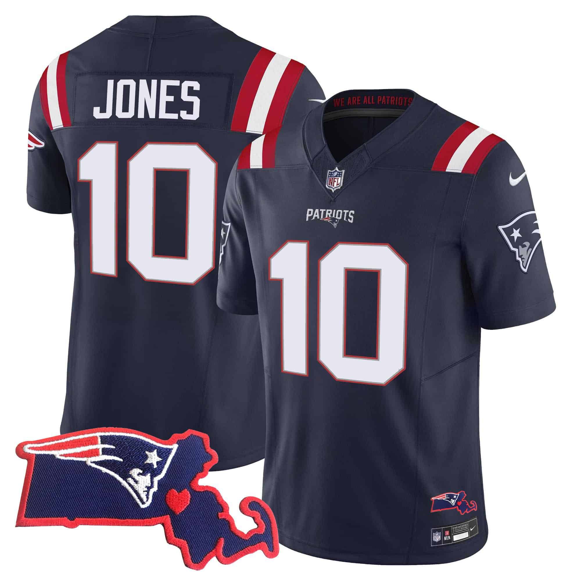 Men New England Patriots #10 Jones Dark blue 2024 Nike Patch Vapor Limited NFL Jersey style 1
